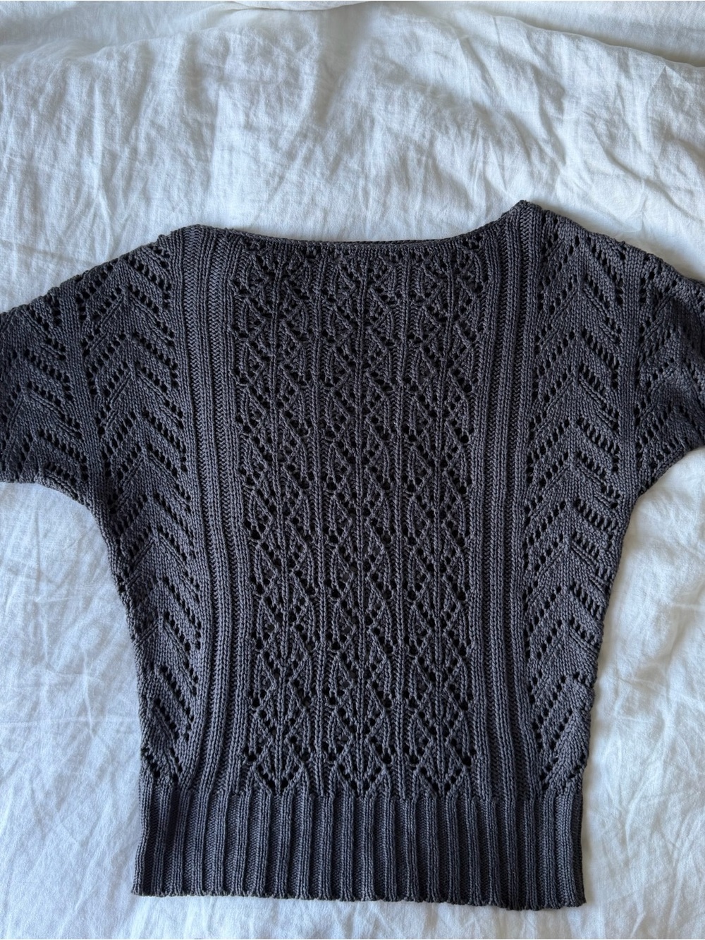 RW&CO. Dark Gray Openwork Crewneck Short Sleeve Sweater